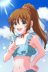  armpit_peek breasts brown_hair cloud female green_eyes hair_ornament long_hair looking_at_viewer midriff navel nontan_(soa43285298) open_mouth ponytail precis_neumann smile solo star_ocean star_ocean_anamnesis star_ocean_the_second_story swimsuit 