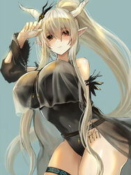  arknights arm_behind_back black_one-piece_swimsuit blonde_hair breasts commentary covered_navel cowboy_shot crop_top crop_top_overhang demon_horns detached_sleeves edobox expressionless female grey_background hair_between_eyes high_ponytail horn_ornament horns infection_monitor_(arknights) large_breasts leaning_forward long_hair looking_at_viewer official_alternate_costume one-piece_swimsuit orange_eyes parted_lips pointy_ears shining_(arknights) shining_(silent_night)_(arknights) simple_background solo standing swimsuit swimsuit_cover-up thighs very_long_hair 