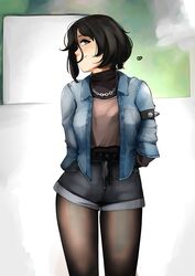  absurdres arms_behind_back asymmetrical_hair black_eyes black_hair breasts chains closed_mouth commentary contrapposto denim denim_jacket female heart highres jacket jewelry kamura_(rain_prophet) long_sleeves looking_at_viewer medium_breasts mole mole_above_eye necklace original pantyhose pantyhose_under_shorts pupi_(rain_prophet) shorts smile solo standing symbol-only_commentary 