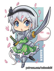  armor armored_boots armored_skirt black_hairband black_ribbon blue_eyes blush_stickers boots breastplate chibi colonel_aki commentary dress english_text fate_(series) female foreshortening gauntlets green_dress grey_hair hairband holding holding_sword holding_weapon konpaku_youmu konpaku_youmu_(ghost) looking_at_viewer open_mouth petals pointing_sword pointing_weapon ribbon sheath sheathed short_hair solo sword touhou v-shaped_eyebrows watermark weapon web_address 