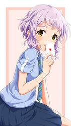  absurdres ace_(playing_card) ace_of_hearts blue_shirt blue_skirt blush card female heart highres holding holding_card idolmaster idolmaster_million_live! long_skirt looking_at_viewer makabe_mizuki nagmilk necktie playing_card pleated_skirt purple_hair shirt short_hair short_sleeves sidelocks simple_background sitting skirt smile solo wing_collar yellow_eyes 