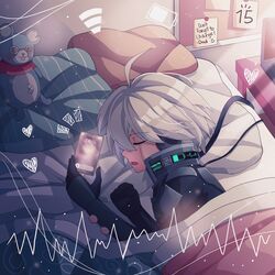  1boy absurdres ahoge android armor bed cable cheer_(cheerpuppy14) closed_eyes computer danganronpa_(series) danganronpa_v3:_killing_harmony energy english_text heart heartbeat highres k1-b0 laptop lying male_focus niko_niko_happy on_side open_mouth phone pillow power_armor profile sleeping stuffed_animal stuffed_mouse stuffed_toy translated 