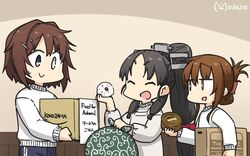  3girls alternate_costume amazon_(company) black_hair blue_pants box brand_name_imitation brown_hair cardboard_box closed_eyes dated field_ration folded_ponytail food furutaka_(kancolle) hair_ornament hairclip hamu_koutarou headgear heterochromia high_ponytail highres holding holding_food inazuma_(kancolle) kantai_collection karakusa_(pattern) long_hair low-tied_long_hair metal_gear_(series) metal_gear_solid multiple_girls nisshin_(kancolle) one-hour_drawing_challenge open_mouth pants ponytail short_hair sidelocks signature smile sparkle sweater track_pants white_sweater 