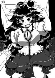  :d arm_at_side arm_cannon arm_up bird_wings black_sun bow breasts buttons cape collared_shirt control_rod dated eyelashes feathered_wings feet_out_of_frame female frilled_shirt frilled_shirt_collar frills greyscale hairbow highres index_finger_raised komusou_(jinrikisha) large_breasts legs_apart long_hair looking_at_viewer monochrome open_mouth print_cape puffy_short_sleeves puffy_sleeves reiuji_utsuho shirt short_sleeves skirt slit_pupils smile socks solo standing starry_sky_print sun taut_clothes taut_shirt third_eye third_eye_on_chest touhou tsurime very_long_hair weapon wing_collar wings 