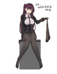  black_gloves black_jacket black_pantyhose blush breasts female full_body girls&#039;_frontline gloves hair_ribbon highres holding holding_clothes holding_legwear jacket jonbur_man korean_commentary korean_text long_hair looking_at_viewer medium_breasts mole mole_under_eye necktie no_shoes one_side_up open_mouth pantyhose ponytail purple_hair red_eyes red_necktie red_ribbon ribbon sitting solo translation_request wa2000_(girls&#039;_frontline) white_background 