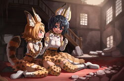  2girls animal_ear_fluff animal_ears bare_shoulders belt black_hair blonde_hair blue_eyes blush bow bowtie commentary_request curly_hair dress elbow_gloves extra_ears fake_animal_ears gloves high-waist_skirt highres kaban_(kemono_friends) kemono_friends looking_at_another md5_mismatch melaton miniskirt multiple_girls orange_bow orange_bowtie orange_eyes orange_gloves orange_skirt paint.net_(medium) print_bow print_bowtie print_gloves print_skirt print_thighhighs serval_(kemono_friends) serval_print shirt short_hair sitting skirt sleeveless sleeveless_shirt smile tail thighhighs traditional_bowtie two-tone_bowtie wariza white_bow white_bowtie white_footwear white_shirt zettai_ryouiki 