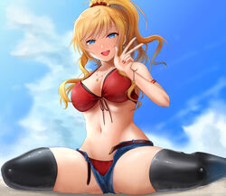  ass_visible_through_thighs bare_arms bare_shoulders bikini black_bikini black_thighhighs blonde_hair blue_eyes blue_sky blush breasts cleavage cloud cloudy_sky collarbone commentary denim denim_shorts female front-tie_bikini_top front-tie_top hair_ornament hair_scrunchie half-closed_eyes highres idolmaster idolmaster_cinderella_girls jewelry large_breasts long_hair looking_at_viewer navel necklace ohtsuki_yui open_mouth outdoors ponytail red_bikini red_nails red_scrunchie scrunchie short_shorts shorts shougun_(chuckni1) sitting sky smile solo spread_legs swimsuit teeth thighhighs tongue tongue_out upper_teeth_only w wavy_hair wide_spread_legs wristlet 