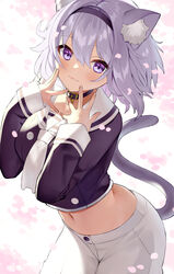  :3 animal_ears ayame_(3103942) black_hairband blush buckle cat_ears cat_girl cat_tail closed_mouth collar cowboy_shot female hair_between_eyes hairband hands_up highres hololive leaning_forward long_sleeves looking_at_viewer midriff navel neckerchief nekomata_okayu nekomata_okayu_(casual) official_alternate_costume petals purple_eyes purple_hair sailor_collar short_hair smile solo tail virtual_youtuber white_neckerchief white_sailor_collar 