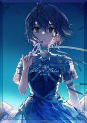  bird blue_dress blue_hair blue_theme closed_mouth dress female hair_between_eyes hand_up highres holding holding_letter lace-trimmed_dress lace_trim letter looking_at_viewer neck_ribbon original pleated_dress purple_eyes ribbon short_hair short_sleeves solo wata_(attaka_towel) wrapped_up 