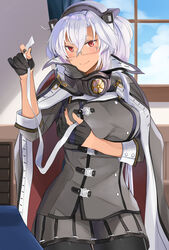  absurdres bad_id bad_pixiv_id black_gloves black_nails black_pantyhose breasts buttons cape dark-skinned_female dark_skin day double-breasted female glasses gloves hair_between_eyes headgear highres indoors kantai_collection large_breasts long_hair musashi_(kancolle) musashi_kai_ni_(kancolle) nail_polish open_mouth pantyhose partially_fingerless_gloves pleated_skirt red_eyes sarashi sarashi_pull skirt solo white_hair window yunamaro 