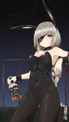  animal_ears black_hairband black_leotard black_pantyhose black_wrist_cuffs blonde_hair bottle braid breasts covered_navel cup detached_collar drinking_glass eyepatch fake_animal_ears female girls&#039;_frontline grey_hair hairband highleg highleg_leotard highres holding holding_bottle holding_cup jack_daniel&#039;s leotard long_braid looking_at_viewer m16a1_(boss)_(girls&#039;_frontline) m16a1_(girls&#039;_frontline) medium_breasts multicolored_hair night night_sky pantyhose playboy_bunny rabbit_ears scar scar_across_eye shot_glass single_braid sky solo star_(sky) starry_sky strapless strapless_leotard streaked_hair wrist_cuffs yellow_eyes zafuri_(yzrnegy) 