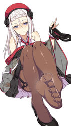  aged_up beret black_footwear blue_eyes blush braid brown_pantyhose collared_shirt commentary feet female fingerless_gloves foot_focus french_braid full_body girls&#039;_frontline gloves hair_between_eyes hat high_heels highres holding holding_shoes jamgom looking_at_viewer mp5_(girls&#039;_frontline) mp5_(mod3)_(girls&#039;_frontline) necktie off_shoulder pantyhose pumps red_hat red_necktie shirt shoes simple_background single_shoe sitting sleeveless sleeveless_shirt smile solo unworn_shoes white_background white_hair white_shirt 