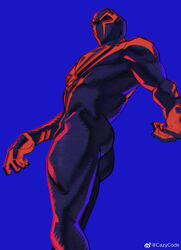  1boy ass bara blue_bodysuit bodysuit feet_out_of_frame from_below highres large_pectorals looking_at_viewer male_focus marvel mcbuckwheat muscular muscular_male outstretched_arm pectorals print_bodysuit red_bodysuit skin_tight solo spider-man:_across_the_spider-verse spider-man_(2099) spider-man_(series) spider-verse thighs two-tone_bodysuit 