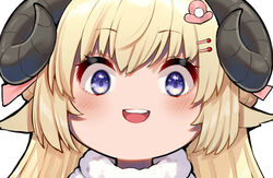  :d animal_ears blonde_hair blush curled_horns female hair_ornament hairclip highres hololive horns long_hair looking_at_viewer mikan_(chipstar182) open_mouth portrait purple_eyes sheep_ears sheep_girl sheep_horns simple_background smile solo teeth tsunomaki_watame tsunomaki_watame_(1st_costume) upper_teeth_only virtual_youtuber white_background wide-eyed 