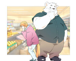  2022 5:4 anthro belly big_belly bottomwear canid canine canis clothing domestic_dog duo hi_res humanoid_hands inside inunoshippo kemono male mammal overweight overweight_male pants shirt sweater topwear 