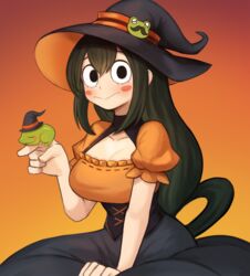  :&gt; alternate_costume animal_on_finger asui_tsuyu black_dress boku_no_hero_academia breasts cleavage cleavage_cutout closed_mouth clothing_cutout commentary_request dark_green_hair dress female frog frog_girl hair_between_eyes hair_rings halloween hat highres long_hair low-tied_long_hair multicolored_clothes multicolored_dress orange_dress puffy_short_sleeves puffy_sleeves short_sleeves sitting solo sookmo witch_hat 