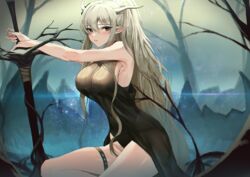  absurdres arknights bare_arms bare_shoulders black_dress breasts commentary dress female grey_eyes hair_between_eyes highres horns large_breasts long_hair looking_at_viewer molyb official_alternate_costume parted_lips pointy_ears shining_(arknights) shining_(silent_night)_(arknights) sleeveless sleeveless_dress solo thigh_strap thighs very_long_hair white_hair 