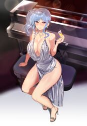  absurdres arm_support azur_lane backless_dress backless_outfit bare_shoulders blue_hair blue_nails blush bracelet breasts champagne_flute cleavage closed_mouth cowl_neck cup dress drinking_glass earrings evening_gown female from_above grey_dress hair_ornament hairclip halter_dress halterneck high_heels highres holding holding_cup indoors instrument jewelry large_breasts minki_shu nail_polish necklace official_alternate_costume piano piano_bench plunging_neckline purple_eyes revealing_clothes side_ponytail sidelocks silver_dress silver_footwear smile solo st._louis_(azur_lane) st._louis_(luxurious_wheels)_(azur_lane) thighs toenail_polish toenails 