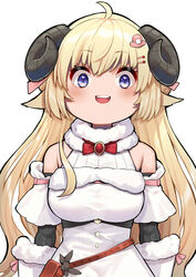  :d ahoge animal_ears bare_shoulders blonde_hair blush bow bowtie breasts curled_horns female hair_ornament hairclip highres hololive horns large_breasts long_hair looking_at_viewer mikan_(chipstar182) open_mouth purple_eyes red_bow red_bowtie sheep_ears sheep_girl sheep_horns shirt simple_background smile solo teeth tsunomaki_watame tsunomaki_watame_(1st_costume) upper_body upper_teeth_only very_long_hair virtual_youtuber white_background white_shirt wide-eyed 