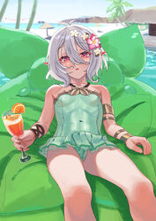  antenna_hair armlet bare_shoulders beach blush bow bracelet breasts cameltoe casual_one-piece_swimsuit chen_bingyou commentary covered_navel cup dress_swimsuit drink drinking_glass elf feet_out_of_frame female flower food fruit grey_hair hair_between_eyes hair_flower hair_ornament hairbow half-closed_eyes highres holding holding_cup jewelry kokkoro_(princess_connect!) kokkoro_(summer)_(princess_connect!) long_bangs looking_at_viewer lying navel on_back one-piece_swimsuit open_mouth orange_(fruit) orange_slice outdoors palm_tree parasol pointy_ears pool princess_connect! short_hair sitting small_breasts solo swimsuit tree umbrella water 