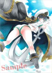  anchor anchor_symbol arim0k0 black_cape black_footwear black_hair blue_sky breasts cape closed_mouth cloud commentary corrupted_twitter_file female from_behind green_eyes hat highres looking_at_viewer looking_back medium_breasts murasa_minamitsu no_bra no_panties outdoors sailor sailor_hat sample_watermark shirt shorts sky smile solo sunken_fossil_world touhou traditional_media wading watermark white_shirt white_shorts 