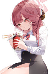  :o aru_(blue_archive) bad_id bad_pixiv_id black_skirt blowing blowing_on_food blue_archive blunt_bangs blush chopsticks collared_shirt commentary_request cup cup_ramen disposable_cup eating female halo high-waist_skirt highres holding holding_chopsticks holding_cup horns koyubita long_hair long_sleeves looking_down red_eyes red_hair shirt signature skirt solo white_shirt 