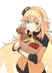  bag black_skirt blonde_hair closed_mouth commentary_request eating female food girls&#039;_frontline gloves green_eyes hairband holding holding_bag holding_food inxst jacket long_hair looking_at_viewer orange_gloves orange_jacket s.a.t.8_(girls&#039;_frontline) skirt solo white_background 