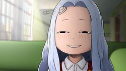  anya&#039;s_heh_face_(meme) black_eyes boku_no_hero_academia commentary couch creepy_eyes curtains derivative_work door english_commentary english_text eri_(boku_no_hero_academia) female forehead greatm8 grey_hair grin half-closed_eyes highres horns indoors long_hair looking_at_viewer meme parody parted_lips photoshop_(medium) shirt single_horn sitting smile smirk solid_circle_eyes solo source_filmmaker_(medium) spy_x_family suspenders white_shirt window wing_collar 