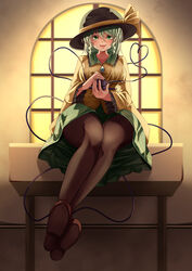  :d absurdres backlighting bench black_footwear black_hat black_pantyhose blouse breasts buttons collared_shirt commentary_request diamond_button drill_hair eyeball female frilled_shirt_collar frilled_skirt frilled_sleeves frills full_body green_eyes green_skirt grey_hair hat hat_ribbon highres holding_eyeball indoors komeiji_koishi large_breasts light_green_hair long_sleeves mahoro_(minase_mahoro) medium_skirt open_mouth pantyhose red_footwear ribbon shirt shoes sitting skirt smile solo third_eye touhou wavy_hair wide_sleeves window yellow_shirt 