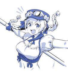  blue_theme breasts female gloves goggles goggles_on_headwear hat highres long_hair looking_at_viewer midriff monochrome navel open_mouth seigetsu_kotaku simple_background smile solo star_ocean star_ocean_anamnesis twintails welch_vineyard white_background 