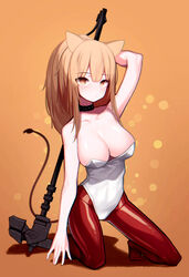  absurdres animal_ears arknights arm_behind_head beudelb black_collar black_pantyhose breasts brown_eyes brown_hair cleavage collar collarbone commentary female full_body highres kneeling korean_commentary large_breasts leotard lion_ears lion_girl lion_tail looking_at_viewer orange_background pantyhose red_pantyhose shiny_clothes siege_(arknights) simple_background solo strapless strapless_leotard studded_collar tail war_hammer weapon white_leotard 