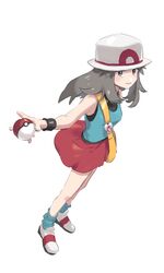  bag black_wristband blue_shirt blue_socks brown_eyes brown_hair bucket_hat closed_mouth female full_body grey_asa hair_flaps hat highres holding holding_poke_ball leaf_(pokemon) long_hair looking_at_viewer loose_socks messenger_bag poke_ball poke_ball_(basic) pokemon pokemon_frlg red_skirt shirt shoes shoulder_bag skirt sleeveless sleeveless_shirt smile socks solo standing vs_seeker white_footwear white_hat wristband yellow_bag 