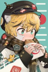  1boy 2022 animal_ears bandaid bandaid_on_cheek bandaid_on_face bandaid_on_hand blonde_hair blue_eyes blush cabbie_hat chinese_zodiac coat commentary_request eating facial_mark food food_in_mouth gakuran hat hat_pin highres holding holding_food layered_sleeves long_sleeves looking_at_food male_focus mino_(kirarayakubou) multicolored_hair oerba_yun_fang original patch pierced_hat plaid plaid_scarf scarf school_uniform skin_fang sleeves_past_wrists solo streaked_hair taiyaki tiger_boy tiger_ears undersized_animal v-shaped_eyebrows wagashi whisker_markings year_of_the_tiger 