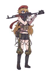  aiming ak-47_(girls&#039;_frontline) akm akms ammunition_pouch assault_rifle bare_arms belt beret black_shorts blonde_hair blue_eyes boots bra brown_bag buckle camouflage chest_rig commentary commission digital_camouflage english_commentary female folding_stock full_body girls&#039;_frontline gloves gp-25 green_bra grenade_launcher gun hair_between_eyes hammer_and_sickle hammer_and_sickle_tattoo hat hat_ornament highres holding holding_gun holding_weapon kalashnikov_rifle karepack knee_boots load_bearing_equipment long_hair midriff navel pouch red_hat red_scarf rifle scarf short_shorts shorts simple_background snap-fit_buckle solo standing star_(symbol) star_hat_ornament stick_grenade tattoo underbarrel_grenade_launcher underwear utility_belt vanripper_(style) weapon white_background white_gloves you&#039;re_doing_it_wrong 