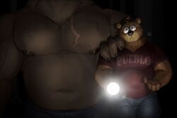  2023 anthro arches_(game) barazoku bear big_pecs brian_dubois brown_body brown_fur chest_scar clothed clothing dark devon_ortega echo_(series) echo_project faceless_character faceless_male flashlight fur hi_res huge_pecs huzzhuz larger_male male mammal musclegut muscular muscular_anthro muscular_male nipples pecs red_eyes scar shoulder_grab size_difference smaller_male solo topless wide_eyed 