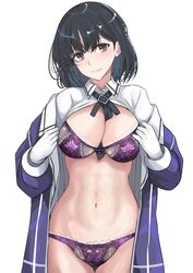  absurdres black_hair bra breasts closed_mouth cowboy_shot female gloves grey_eyes haguro_(kancolle) haguro_kai_ni_(kancolle) highres jacket kantai_collection ken_(shutenndouji1) large_breasts long_sleeves military_uniform navel open_clothes open_jacket open_shirt panties purple_bra purple_jacket purple_panties short_hair simple_background smile solo standing underwear uniform white_background white_gloves 