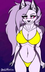  2022 5_fingers anthro bikini bikini_bottom bikini_top black_nose breasts canid canid_demon canine cleavage clothed clothing demon deskmaniac female fingers flat_colors fur gloves hair handwear hellhound helluva_boss hi_res inner_ear_fluff long_hair loona_(helluva_boss) mammal multicolored_body multicolored_fur mythological_canine mythological_creature mythology navel piercing purple_body purple_fur purple_hair purple_sclera signature smile solo swimwear tuft two_tone_body two_tone_fur white_body white_eyes white_fur yellow_bikini yellow_clothing yellow_swimwear 