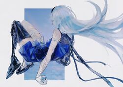  bandaged_arm bandages blue_hair blue_skirt closed_eyes commentary female from_behind full_body girls&#039;_frontline girls&#039;_frontline_glitch_land hairband highres long_hair mechanical_arms mechanical_legs prosthesis prosthetic_arm prosthetic_leg scar single_mechanical_arm single_mechanical_leg skirt solo sushiwa symbol-only_commentary thunder_(girls&#039;_frontline) 