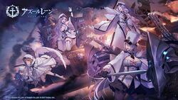  5girls azur_lane bare_shoulders battle between_breasts black_gloves black_pantyhose blue_eyes blue_hair blush boots braid breasts brown_hair chains cleavage coat collarbone commentary_request dress flying fur_trim gloves gremyashchy_(azur_lane) grey_hair grey_sky hair_between_eyes hair_ornament hat holding holding_sword holding_weapon jacket kirov_(azur_lane) large_breasts long_hair long_sleeves machinery military_hat miniskirt multicolored_hair multiple_girls murmansk_(azur_lane) necktie necktie_between_breasts nishikawa_eito northern_parliament_(emblem) off_shoulder official_art pantyhose parted_bangs pleated_skirt second-party_source sidelocks skirt sky smoke sovetskaya_belorussiya_(azur_lane) sword tallinn_(azur_lane) thigh_boots thighhighs turret very_long_hair weapon white_dress white_footwear white_gloves white_hair white_headwear wings 