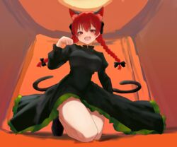  absurdres animal_ears bare_legs black_dress blush bow braid breasts bright_pupils cat_ears commentary dress extra_ears female hairbow highres juliet_sleeves kaenbyou_rin kneeling large_breasts long_sleeves looking_at_viewer moriforest1040 oerba_yun_fang puffy_sleeves red_eyes red_hair skin_fang smile solo touhou twin_braids 