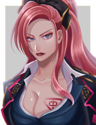  3_8_2. blue_eyes breast_tattoo breasts cleavage female grey_background highres hypnosis_mic ichijiku_kadenokouji lipstick long_hair looking_at_viewer makeup pink_hair simple_background solo tattoo upper_body 