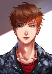  1boy 3_8_2. adam&#039;s_apple blue_eyes busujima_rio_mason camouflage camouflage_shirt hypnosis_mic jewelry looking_at_viewer male_focus necklace orange_hair portrait shirt short_hair solo 