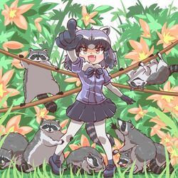  1:1 2020 adolescent ambiguous_gender animal_humanoid arai-san biped breasts clothed clothing female feral fur grey_body grey_fur group humanoid humanoid_hands kemono_friends mammal mammal_humanoid procyonid procyonid_humanoid raccoon raccoon_humanoid sitting slightly_chubby umikazenet3 young 