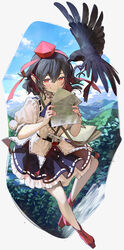  animal bird black_hair black_skirt blush camera camera_around_neck crow female frilled_skirt frills full_body geta hair_between_eyes hat highres holding holding_newspaper newspaper pen pleated_skirt pointy_ears pom_pom_(clothes) puffy_short_sleeves puffy_sleeves red_eyes red_footwear red_hat shameimaru_aya shirt short_hair short_sleeves skirt smile solo syuri22 tengu-geta tokin_hat touhou white_shirt 