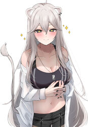  +_+ ahoge animal_ears black_eyes black_nails black_shorts black_sports_bra blush breasts cleavage closed_mouth commentary cowboy_shot dog_tags double-parted_bangs ear_piercing female grey_hair hair_between_eyes highres hololive jewelry large_breasts lion_ears lion_girl lion_tail long_hair looking_at_viewer nail_polish navel necklace nerorigogo off_shoulder official_alternate_costume open_clothes open_shirt own_hands_clasped own_hands_together piercing shirt shishiro_botan shishiro_botan_(button-down) short_shorts shorts simple_background smile solo sparkle sparkling_eyes sports_bra standing stomach striped_sports_bra tail underwear vertical-striped_sports_bra virtual_youtuber white_background white_shirt 