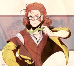  1boy adjusting_clothes classicaloid coat commentary_request franz_schubert_(classicaloid) glasses hair_slicked_back ladama looking_at_viewer male_focus orange_hair pink_eyes semi-rimless_eyewear signature simple_background solo two-tone_background upper_body vest 