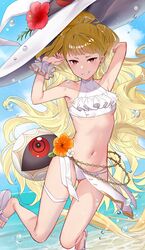  alternate_costume armpits arms_up ass_visible_through_thighs beach bikini blonde_hair bracelet breasts cloud cloudy_sky earrings eitri_(fire_emblem) english_commentary female fire_emblem fire_emblem_heroes flower haru_(nakajou-28) hat highres jewelry long_hair looking_at_viewer multi-strapped_bikini navel ocean red_eyes shore sky small_breasts smile solo swimsuit tri_tails underboob wavy_hair white_bikini 