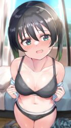  bed black_bra black_hair black_panties blue_background bra breasts female green_eyes green_hair hair_between_eyes indoors love_live! love_live!_nijigasaki_high_school_idol_club medium_breasts medium_hair multicolored_hair navel panties shiitake_taishi solo streaked_hair takasaki_yu twintails two-tone_hair underwear undressing 