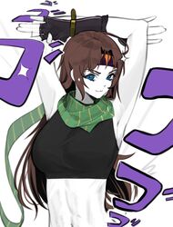  absurdres armpits arms_up bad_id bad_pixiv_id battle_tendency black_gloves blue_eyes breasts brown_hair crop_top female fingerless_gloves genderswap_(mtf) gloves green_scarf headband highres jojo_no_kimyou_na_bouken joseph_joestar joseph_joestar_(young) large_breasts long_hair menacing_(jojo) midriff navel norunollu rule_63 scarf solo triangle_print upper_body white_background 