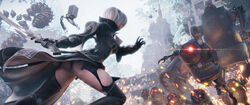  2b_(nier:automata) 3d 6+others ass black_blindfold black_dress black_gloves black_thighhighs blender_(medium) blindfold breasts commentary dress english_commentary female gloves glowing glowing_eyes highres holding holding_sword holding_weapon machine_(nier) medium_breasts multiple_others nier:automata nier_(series) nier_reincarnation official_alternate_costume outdoors pod_(nier:automata) red_eyes seven_(sixplusone) short_hair skindentation sword thighhighs weapon white_hair 